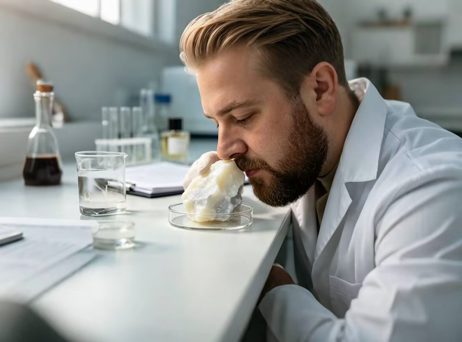 Professional lab testing premium natural ambergris raw material for essential oil production